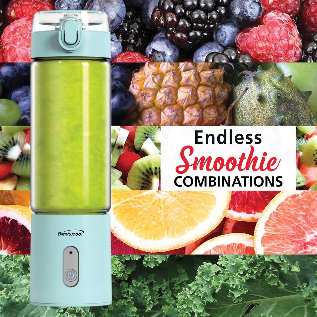 Brentwood RJB-100BL 17oz Portable Rechargeable USB Glass Blender - Blue, 16,000 RPM Cordless Personal Blender with Sports Lid