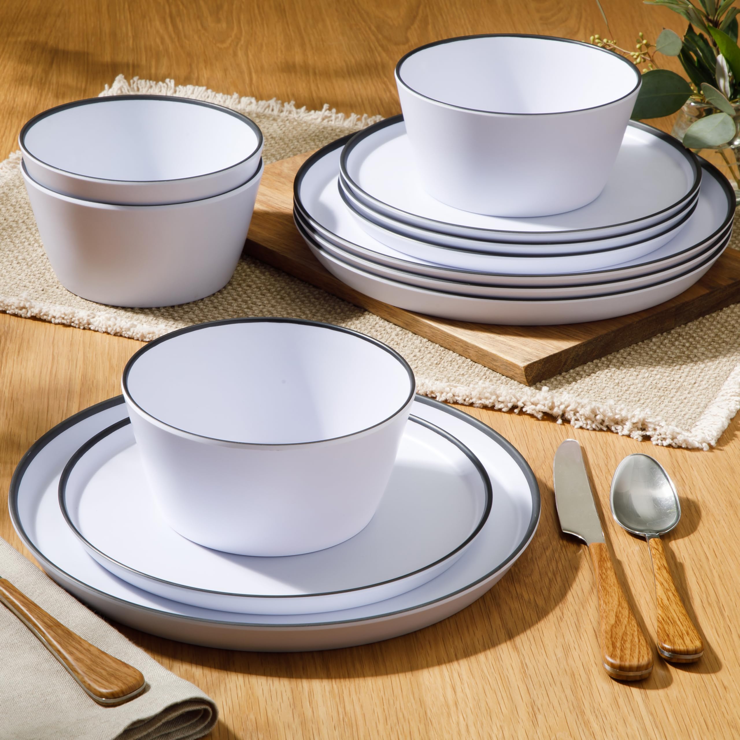 Gibson Home Folsom Shores 12-Piece Melamine Dinnerware Set, White with Black Rim, Service for 4