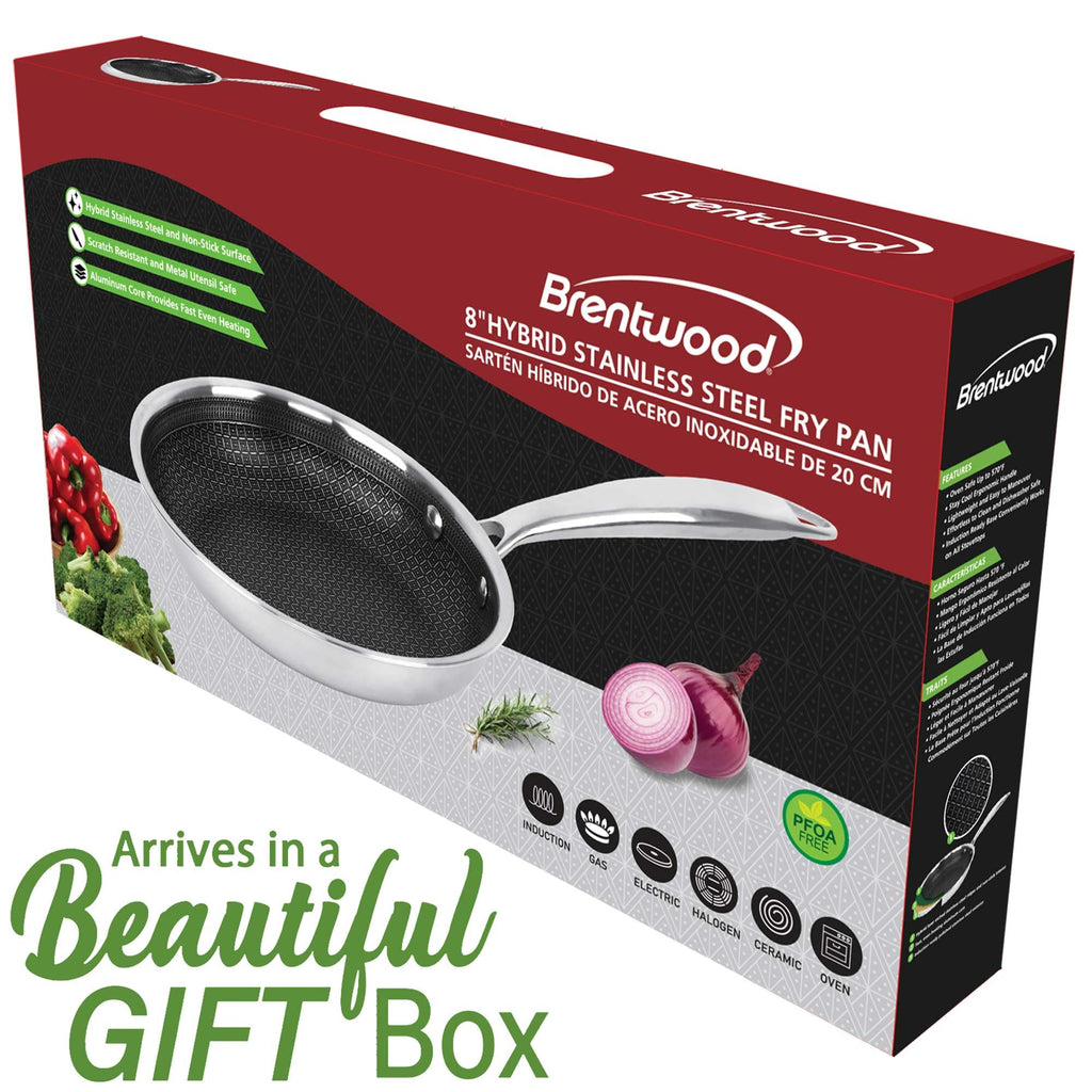 Brentwood B-FH20 8-Inch 3-Ply Hybrid Non-Stick Stainless Steel Frying Pan - Induction Ready, Oven Safe to 570°F, Metal Utensil Safe