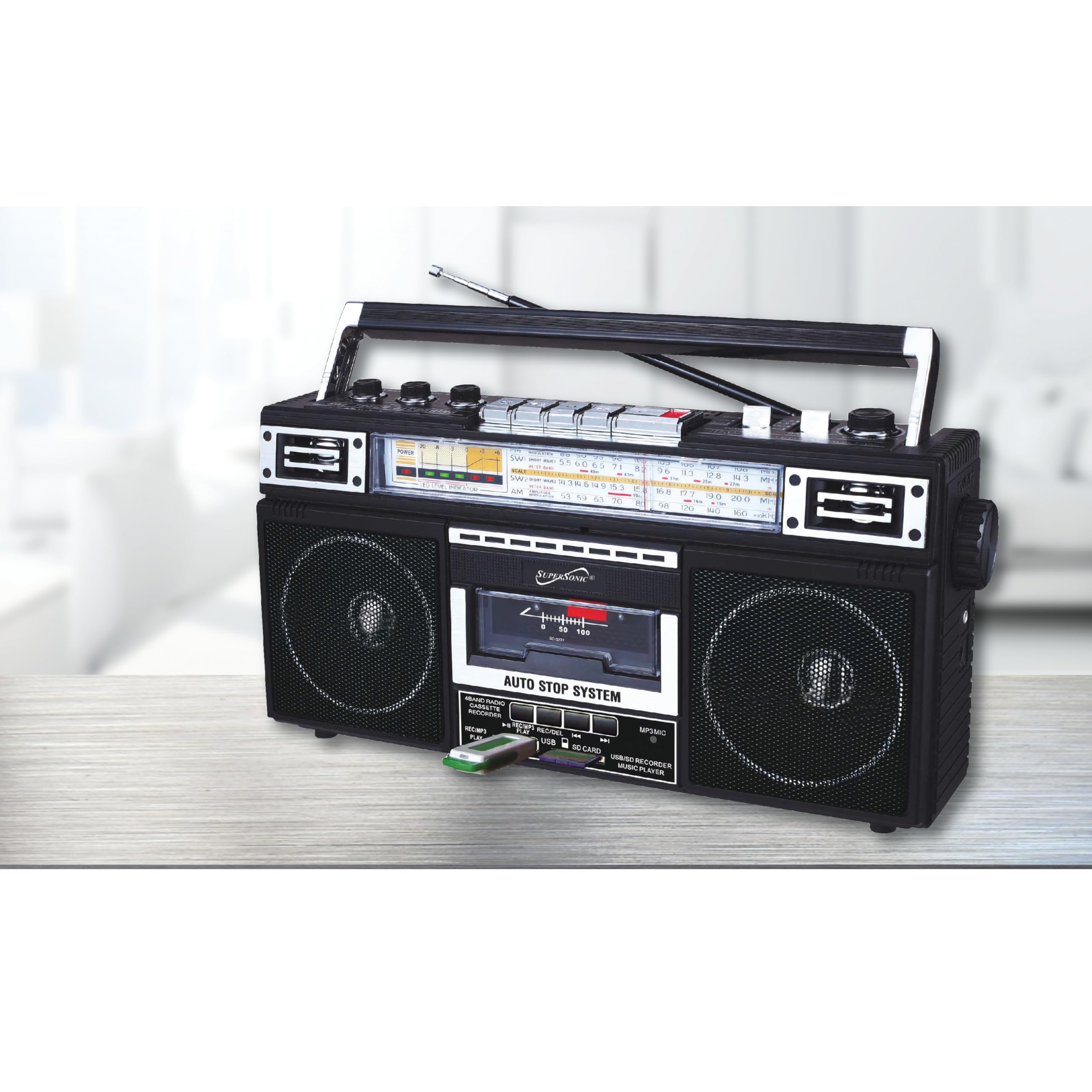 Supersonic Retro 4-Band Radio and Cassette Player with Bluetooth, Black
