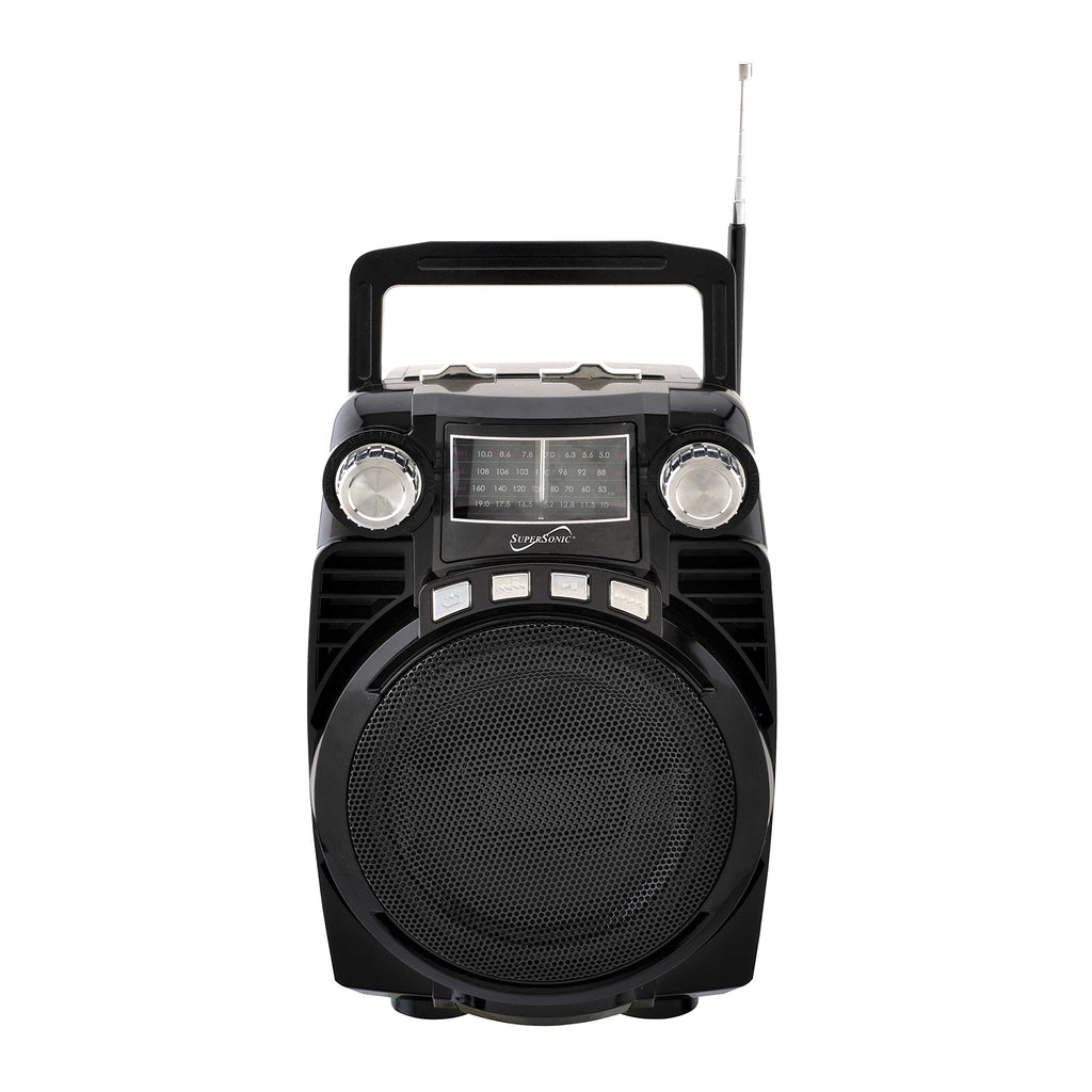 SuperSonic SC-1390BT portable 4-band AM/FM/shortwave Bluetooth radio with handle, black