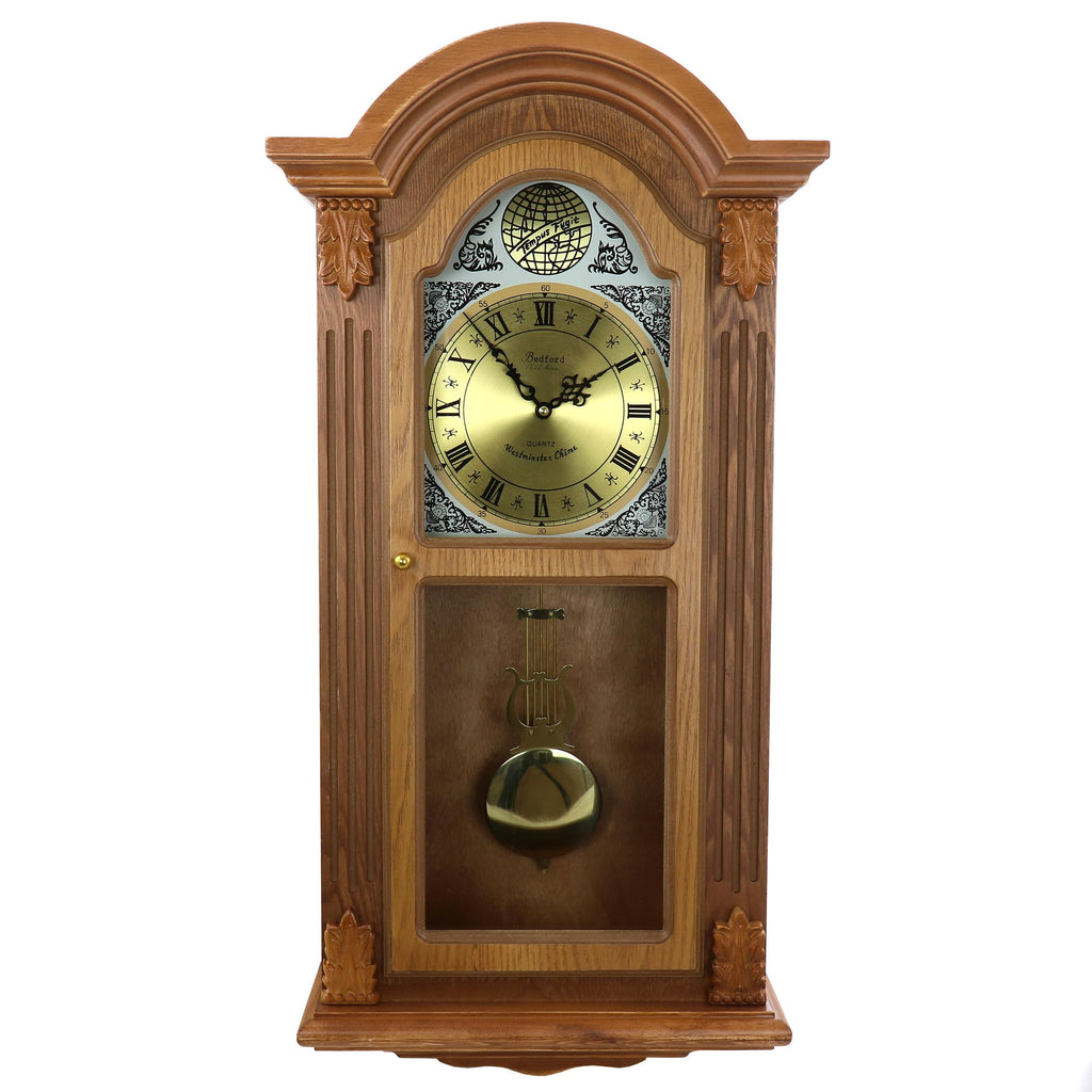 Bedford Clock Collection Honey Oak 29" Chiming Pendulum Wall Clock – Quartz Westminster Chimes, Golden Oak Finish with Roman Numeral Metal Dial