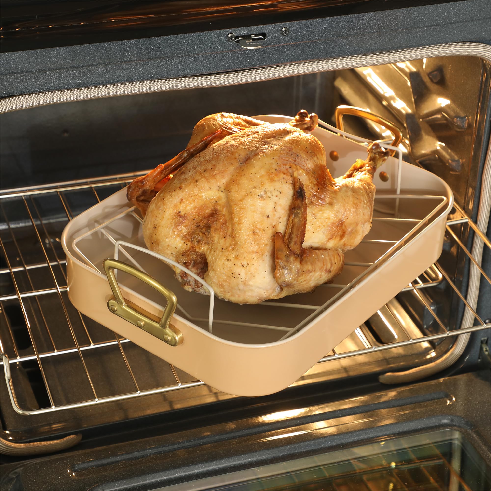 Gibson Home Broxton 2-Piece Carbon Steel Nonstick Roaster Pan with Rack, Apricot