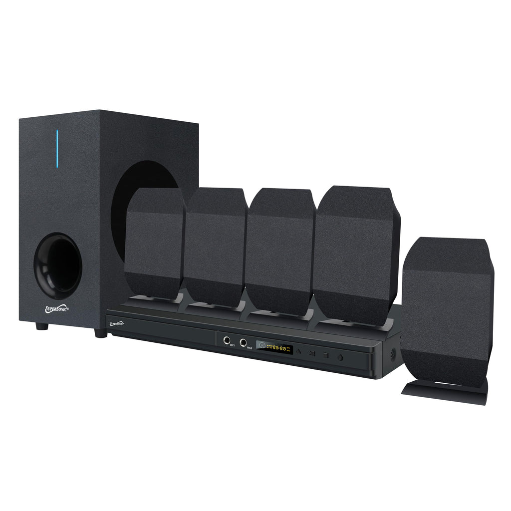 SuperSonic SC-38HT 5.1 Channel DVD Home Theater System with Karaoke - 75W Total, 2 Microphone Jacks, USB Input, FM Radio, Region Free
