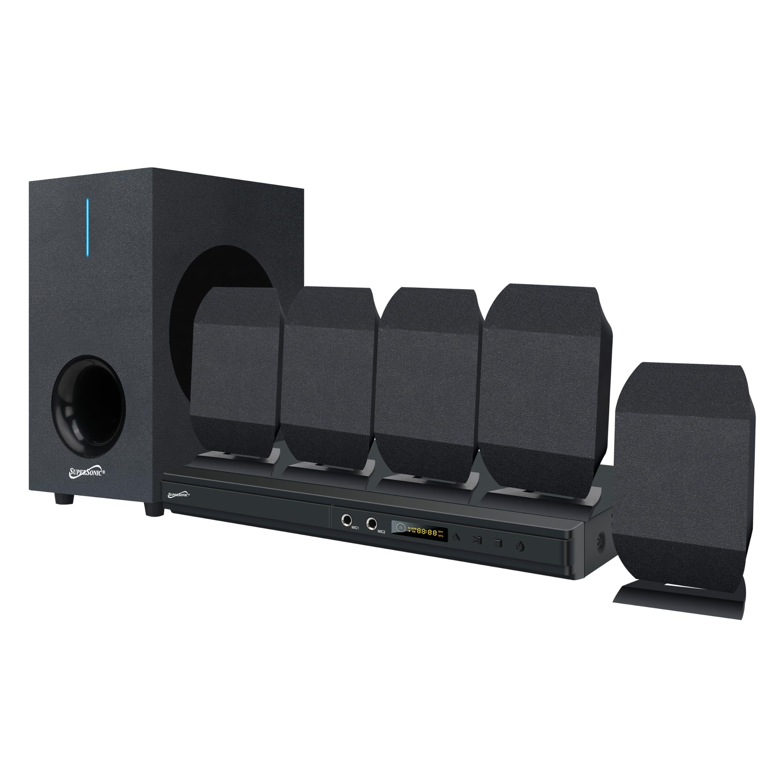 SuperSonic SC-38HT 5.1 Channel DVD Home Theater System with Karaoke - 75W Total, 2 Microphone Jacks, USB Input, FM Radio, Region Free