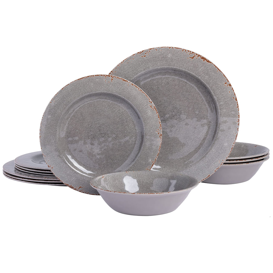 Gibson Home Mauna 12-Piece Melamine Dinnerware Set, Service for 4, Grey Rustic
