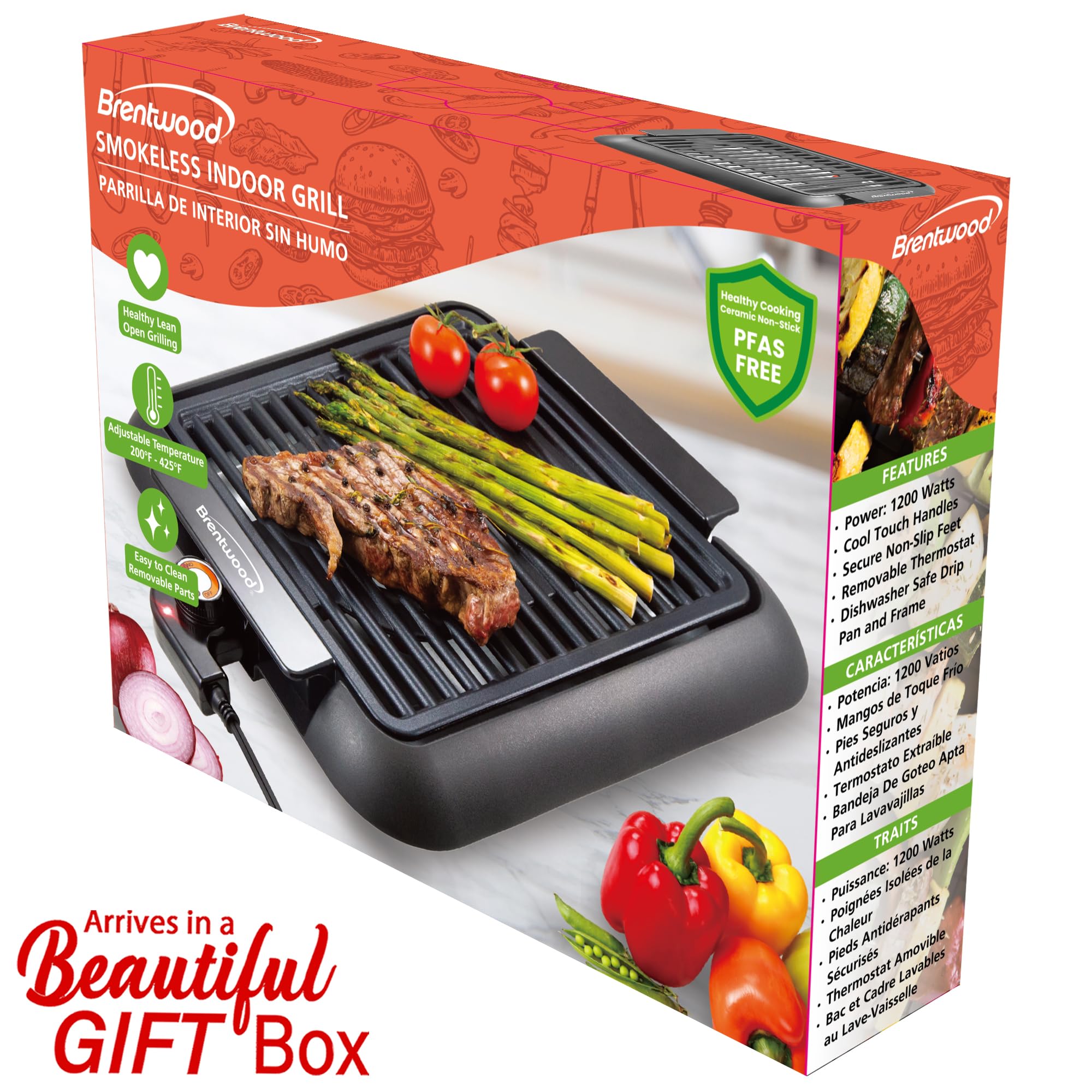 Brentwood TS-643BK 1200W Electric Smokeless Indoor Grill - Black, 12.6 x 10 Inch Ceramic Non-Stick, 200-425°F Adjustable