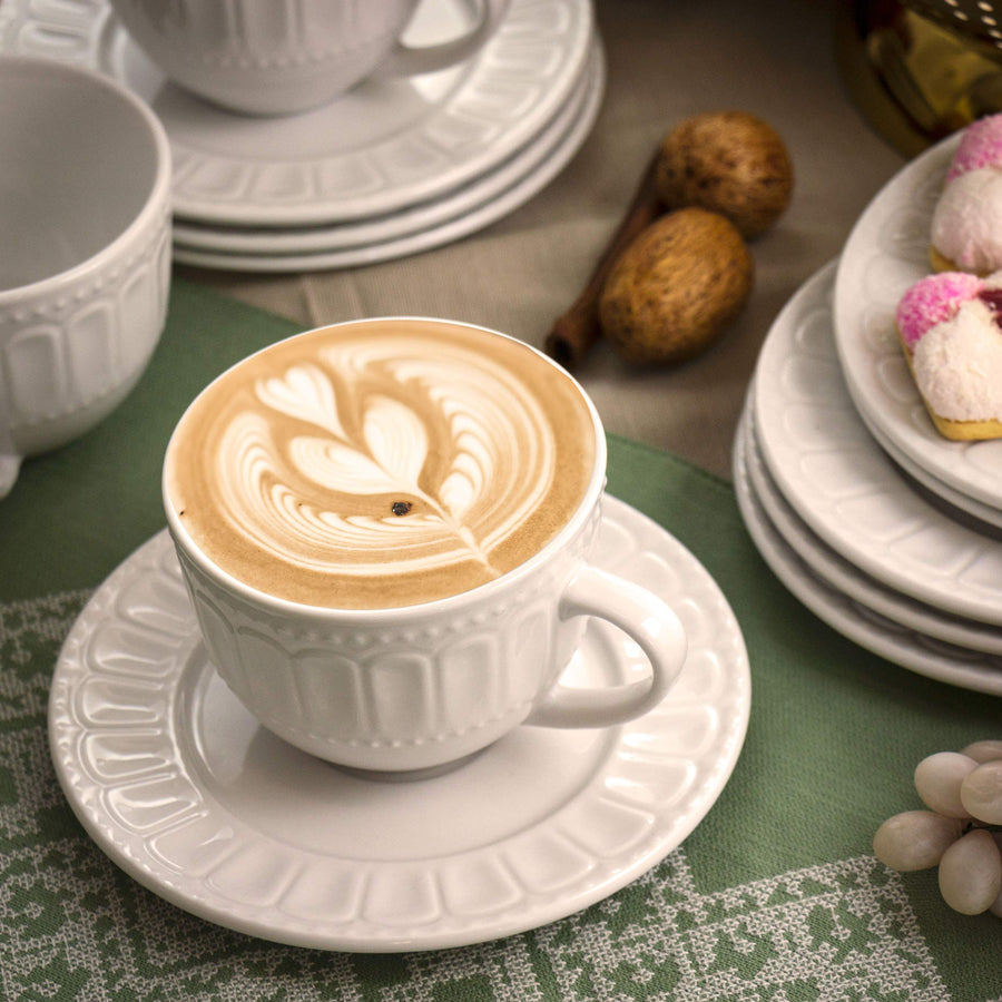 Elama Charlotte 6-Piece Porcelain Cup and Saucer Set, White (3 Cups, 3 Saucers)