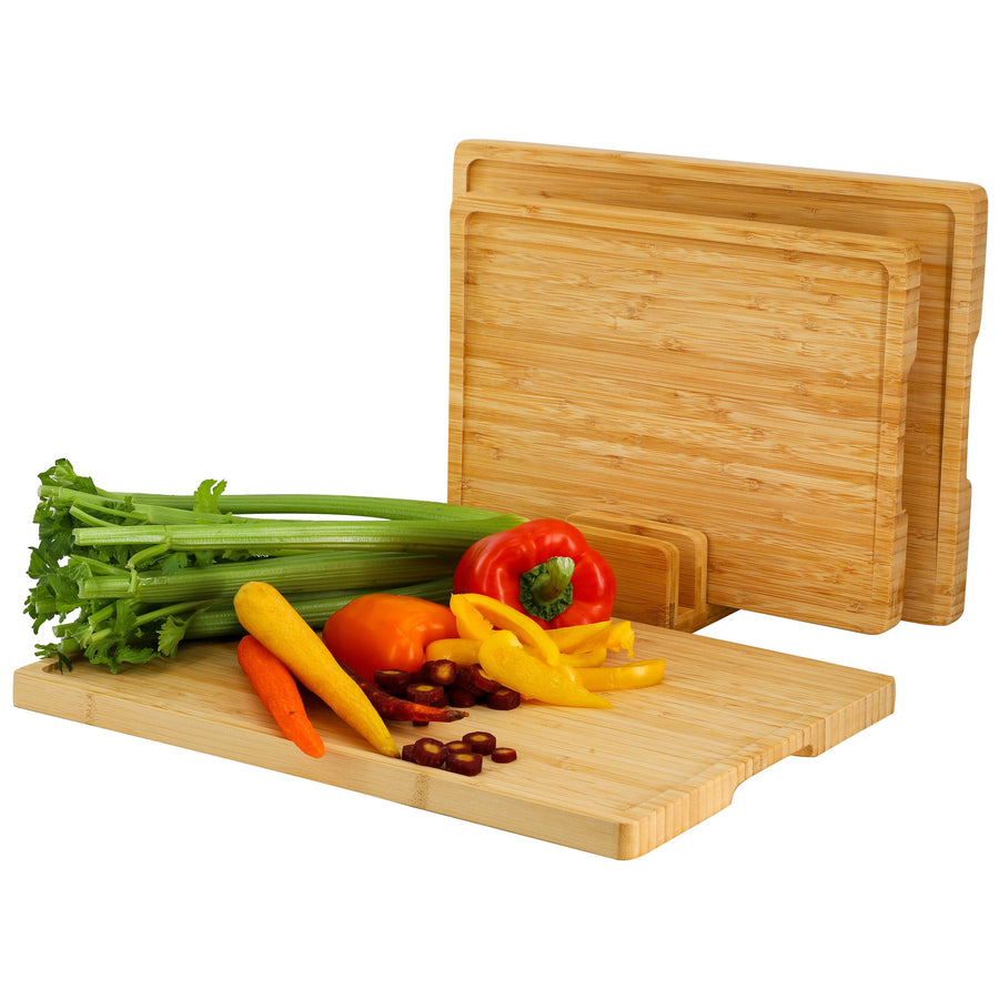 Elama 3 Piece Natural Bamboo Cutting Board Set with Upright Storage Base