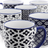 Stoneware Coffee Mug Set of 6, 16 Oz, Assorted Navy Blue and White Designs, by Elama Flyn