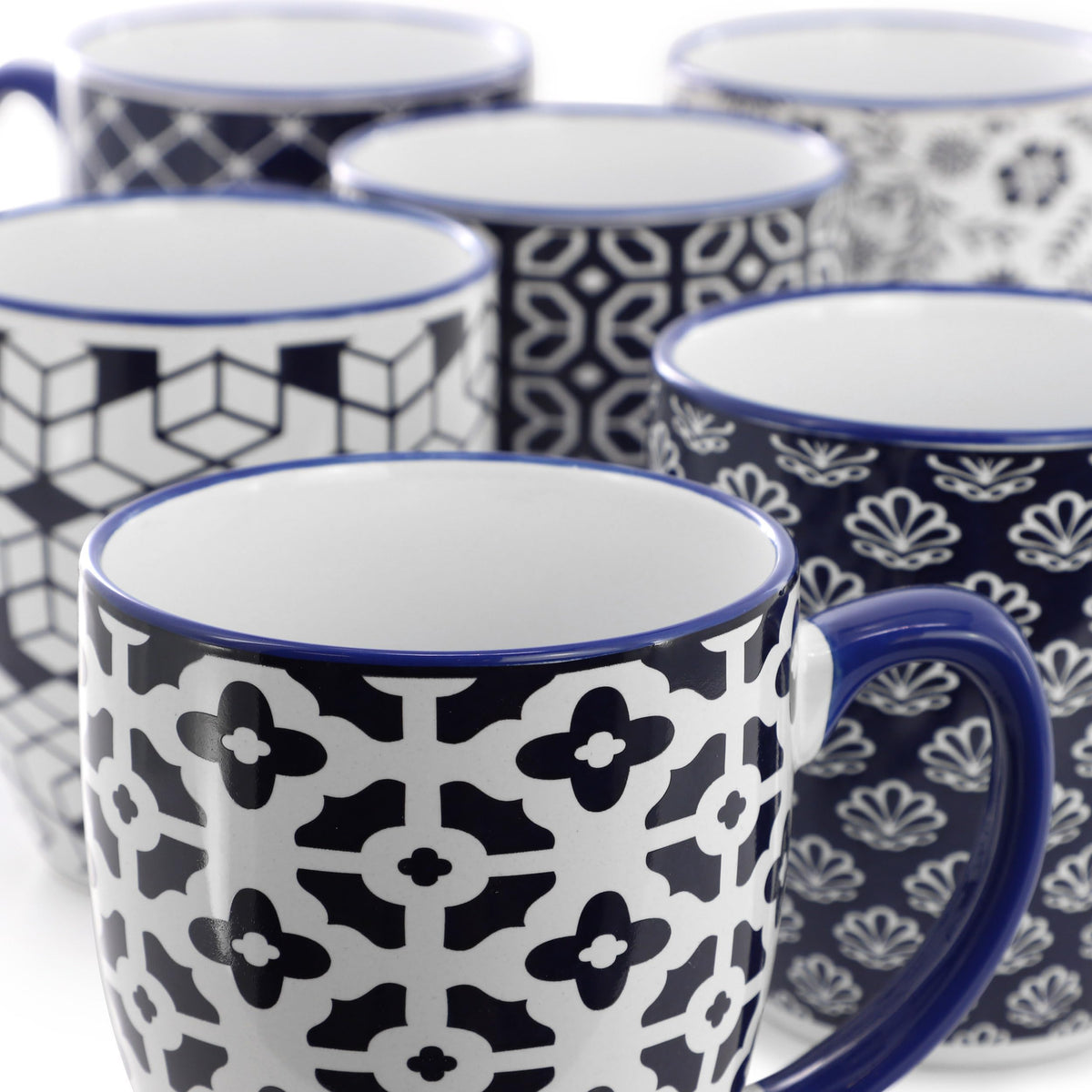 Stoneware Coffee Mug Set of 6, 16 Oz, Assorted Navy Blue and White Designs, by Elama Flyn