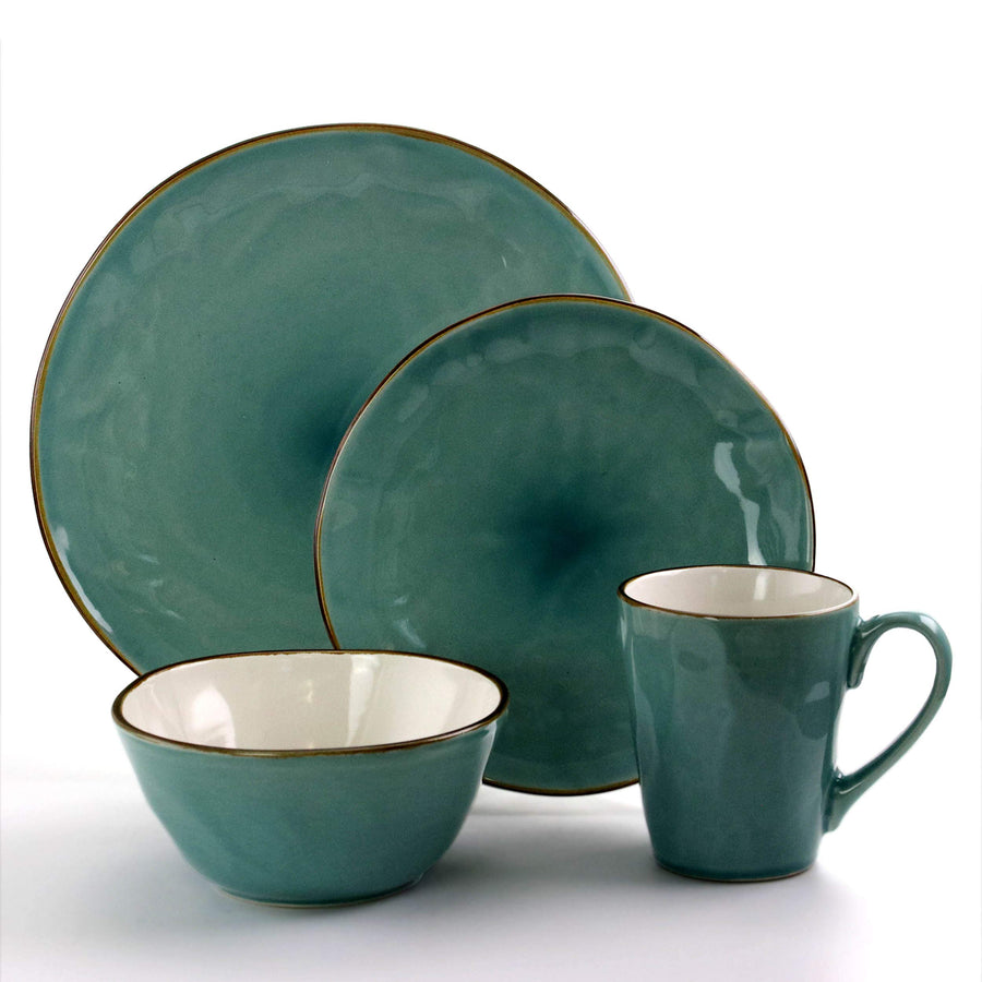 Elama Caribbean Tide 16 Piece Stoneware Dinnerware Set, Complete Setting for 4, in Green