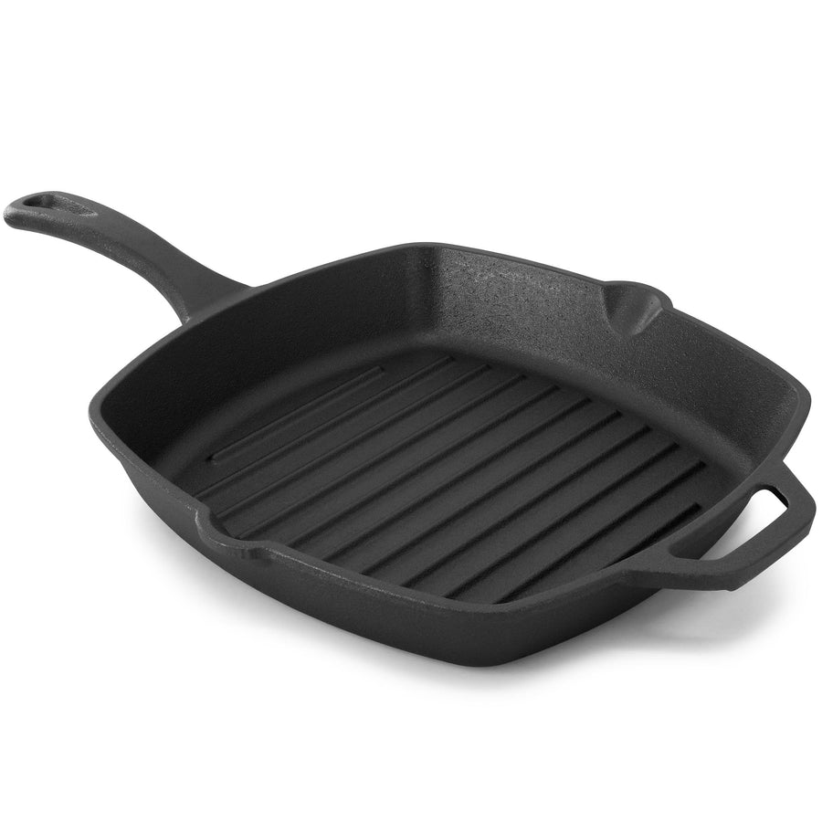 Ridged square cast iron grill pan with pour spouts and long handle