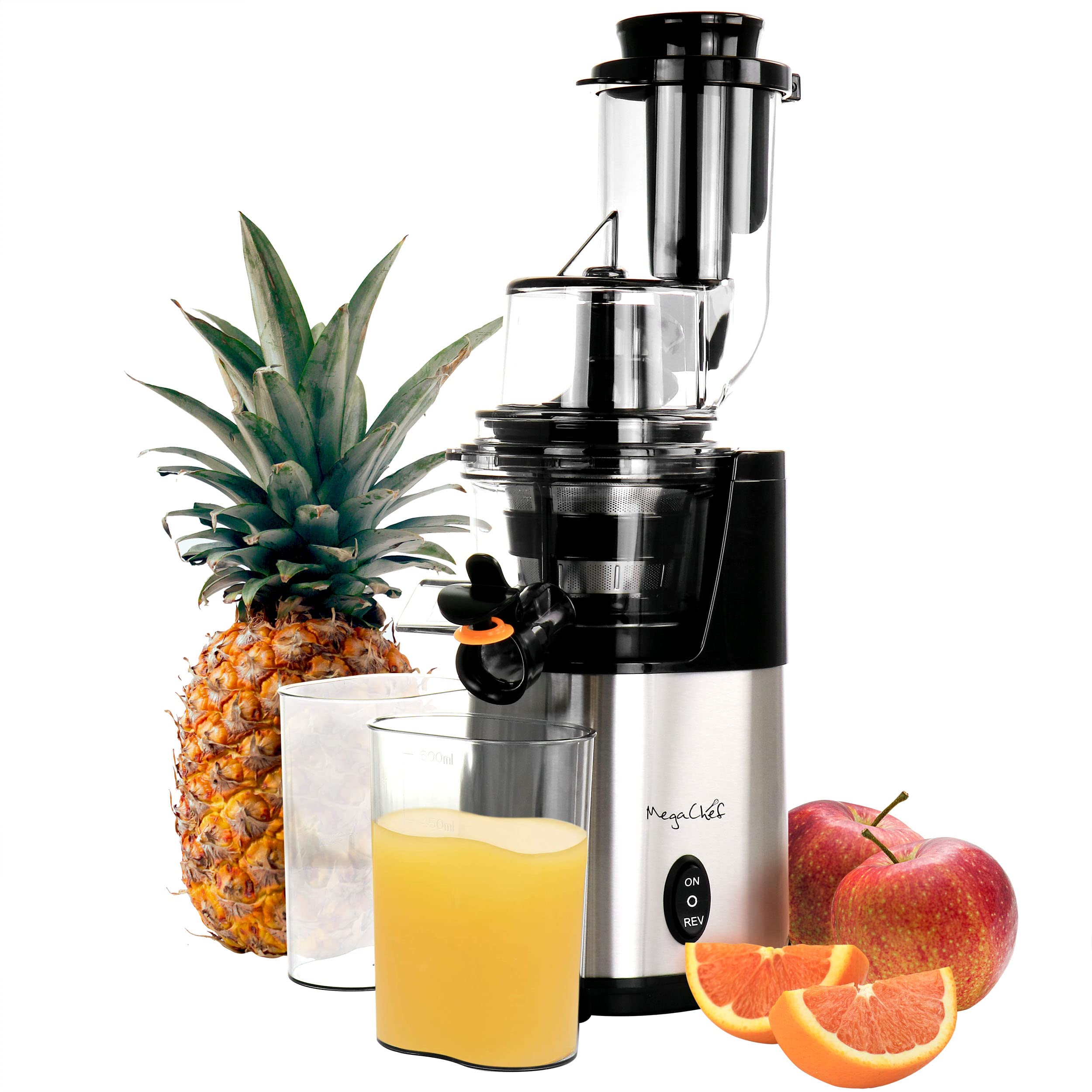 MegaChef Pro Stainless Steel Slow Masticating Juicer – Chrome Silver, Cold-Press Auger, Quiet, Easy-Clean Fruit & Vegetable Juicer