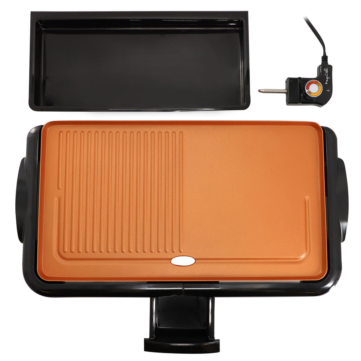 MegaChef MCG-4826YA 18.89 Inch Copper-Coated Nonstick Electric Grill and Griddle, 1400W with Detachable Thermostat and Drip Tray, Black