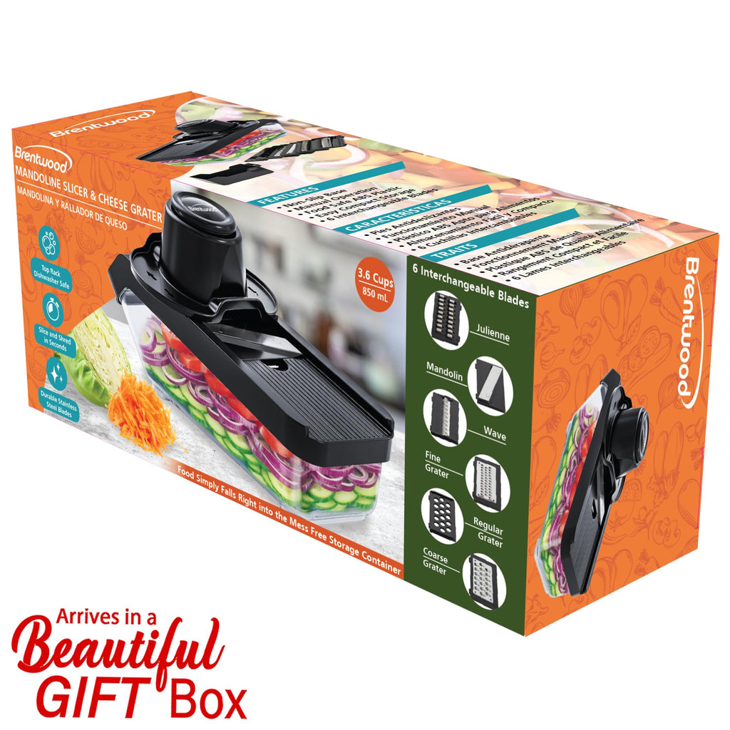 Brentwood 3.6-Cup Mandoline Slicer & Cheese Grater – Black with 6 Interchangeable Stainless Steel Blades & Catch Container