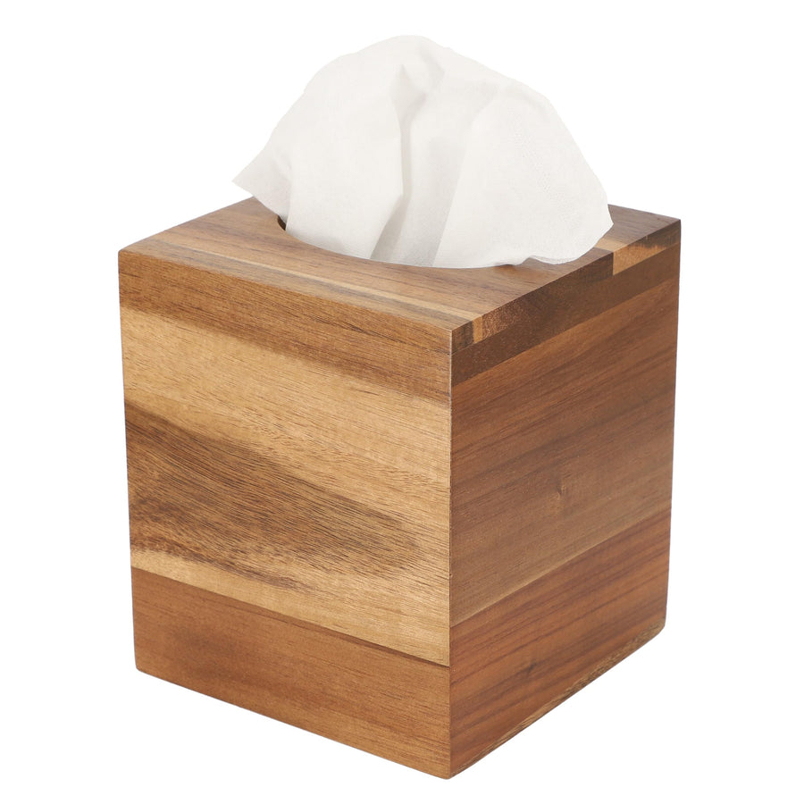 Elama Acacia Wood Square 5.5 Inch Tissue Box Holder, Decorative Cube Tissue Cover