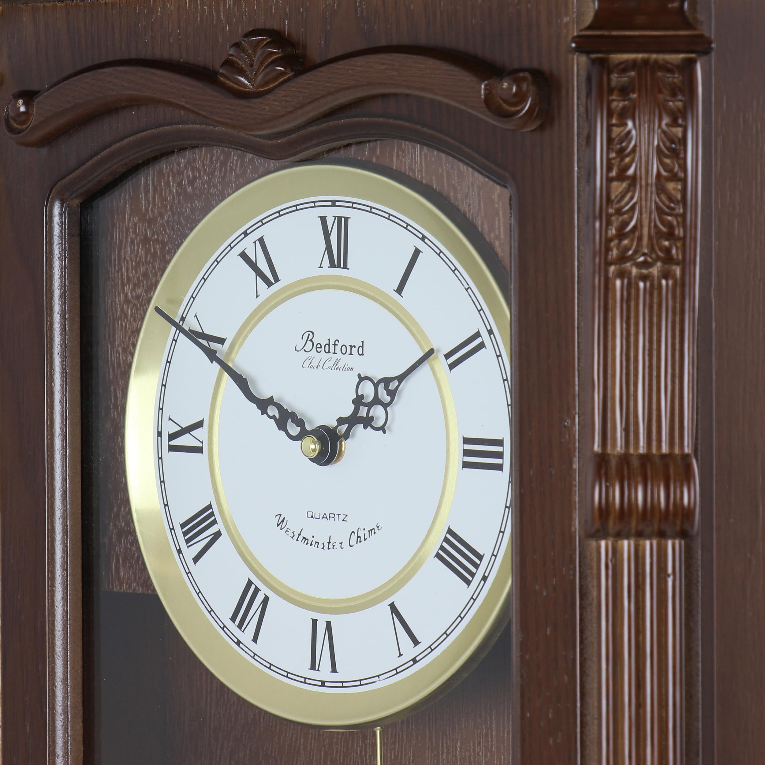Bedford Clock Collection Chestnut Chiming Pendulum Wall Clock – Quartz Westminster Chimes, Golden Accents with Swinging Pendulum & Metal Dial