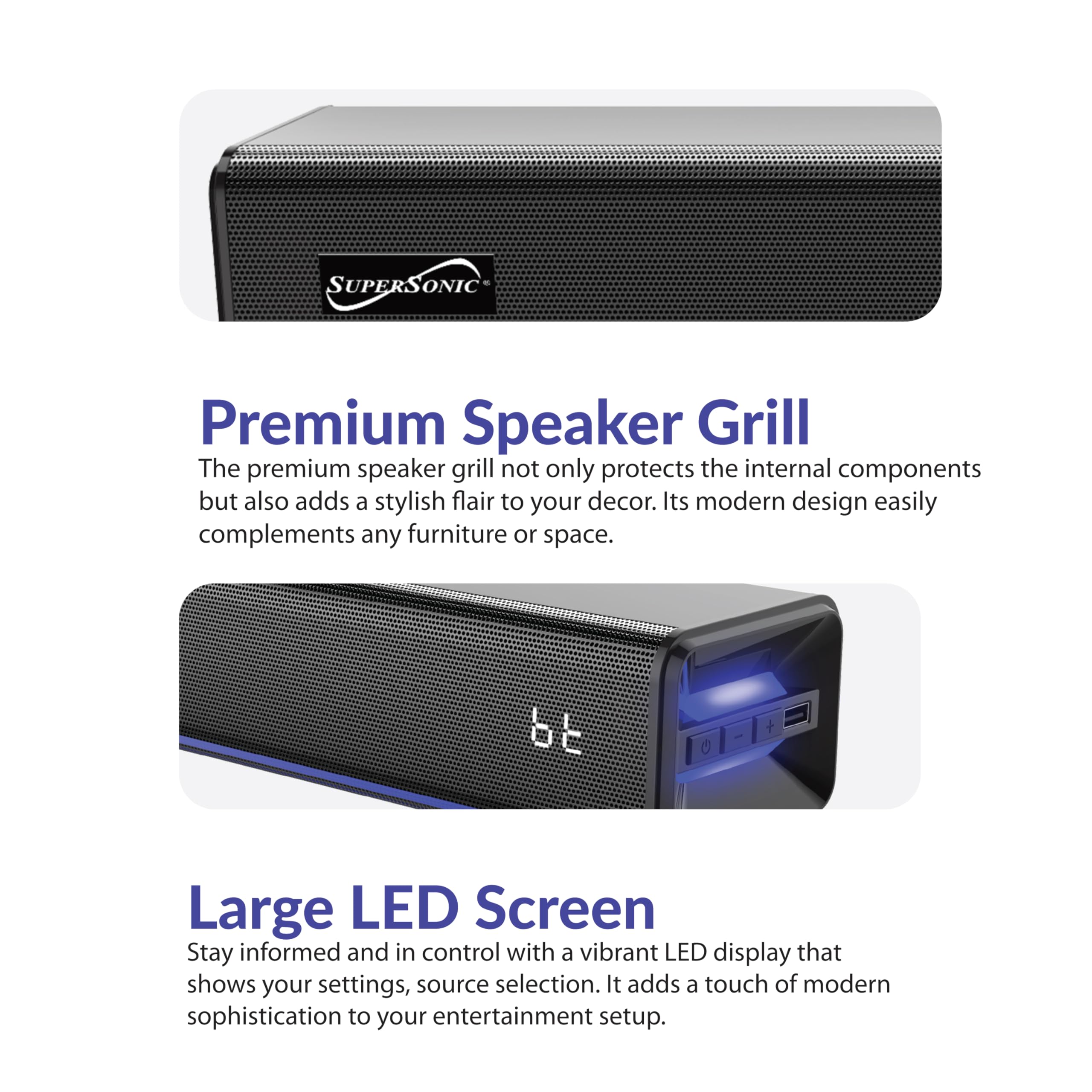 SuperSonic SC-1424SB 31.5-Inch 60W 2.0 Channel Bluetooth 5.3 Soundbar with Ambient Lighting - HDMI ARC, Optical, USB, AUX and FM