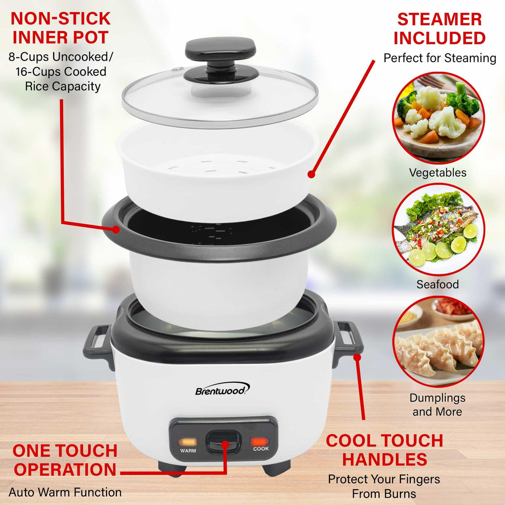 Brentwood RC-5016W 16-Cup Cooked Rice Cooker with Steam Tray - White, 500W with Measuring Cup & Spatula