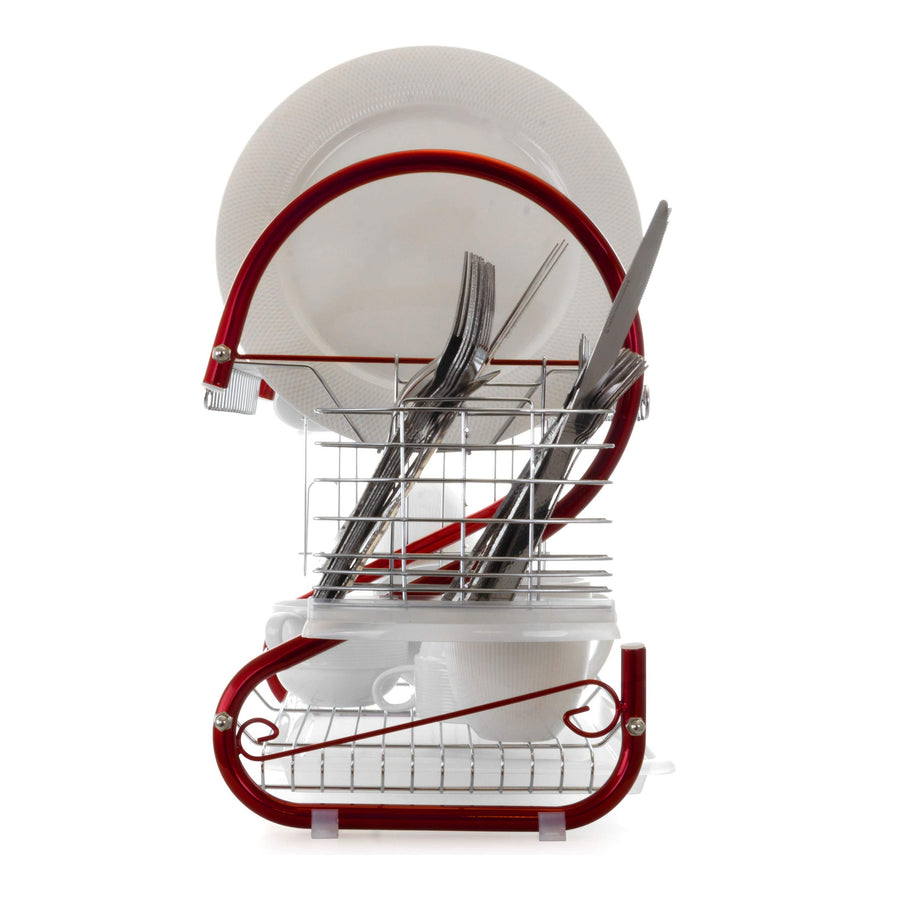 Side view of the MegaChef red dish drying rack S-shaped frame with the utensil holder full of forks and knives