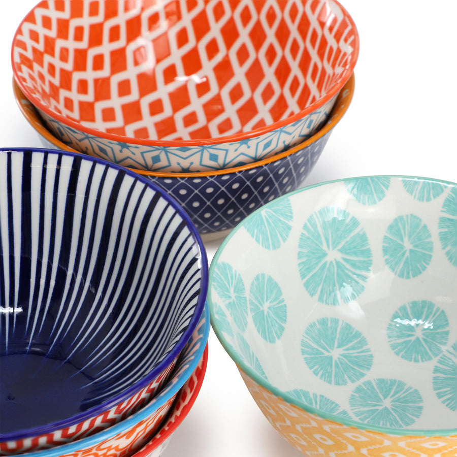 Elama Roxey 6-Piece 20 oz Porcelain Footed Bowl Set, Assorted Multicolor Designs