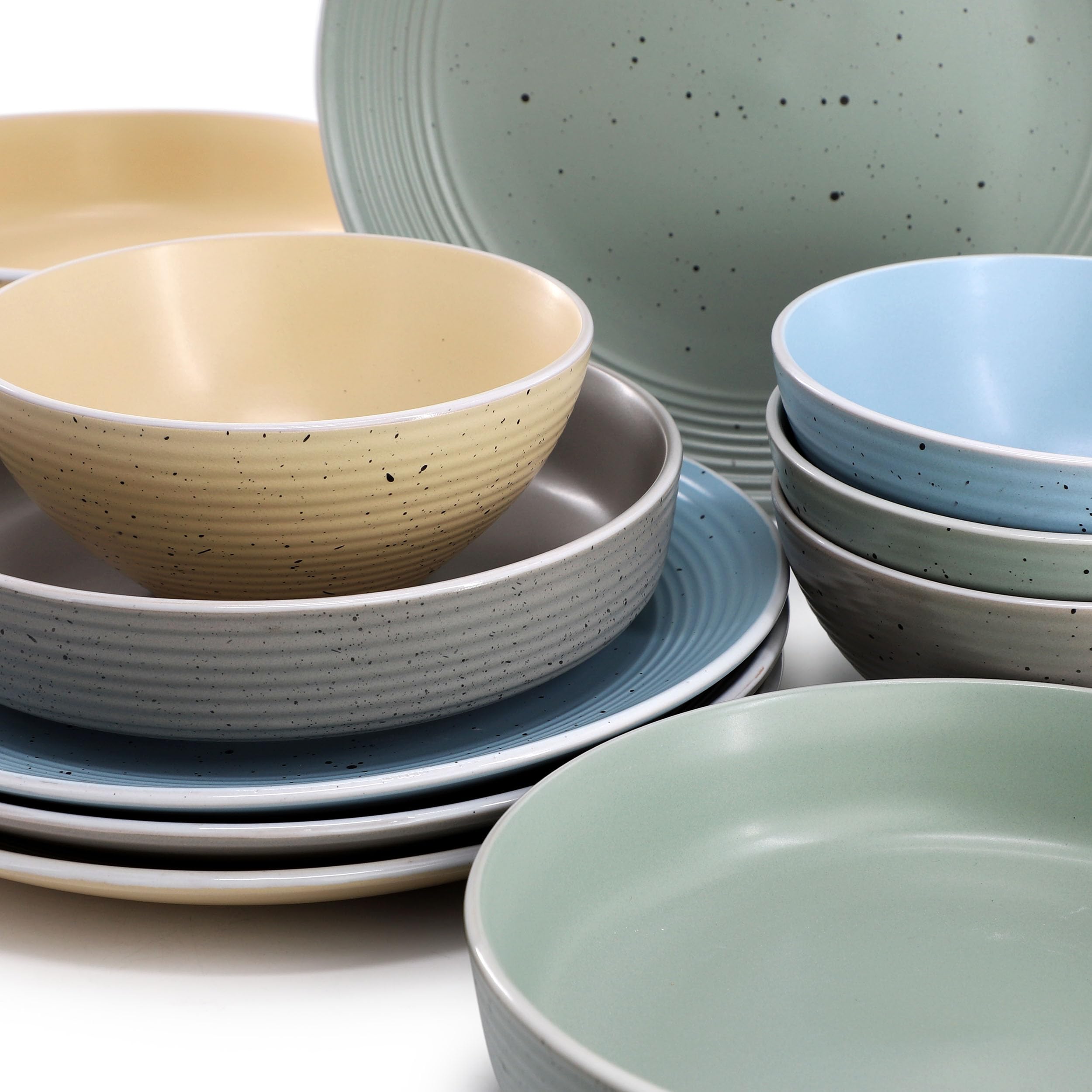Elama Emilia 16-Piece Double-Bowl Stoneware Dinnerware Set – Speckled Multi-Color, Service for 4 with Pasta Bowls & Cereal Bowls