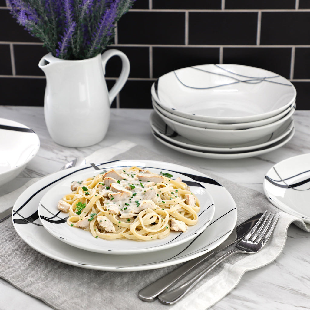 Elama Sarah 18 Piece Porcelain Ribbon Lined Dinnerware Set, Service for 6 in White and Black
