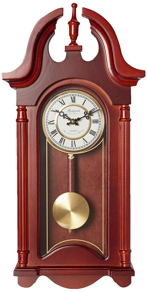 Bedford Clock Collection 26.5" Colonial Chiming Wall Clock – Mahogany Cherry Oak Finish, Quartz Movement with Swinging Pendulum & Roman Numeral Dial