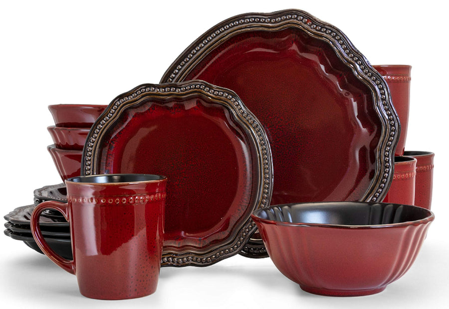 Elama Regency 16-piece red stoneware dinnerware set, service for 4, scalloped plates with beaded gold-tone rims, bowls and mugs