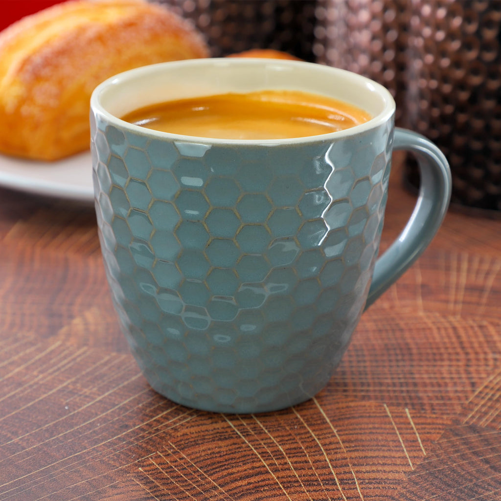 Elama Honeycomb 6-Piece 15 oz Stoneware Mug Set - Assorted White, Purple & Taupe with Embossed Honeycomb Texture