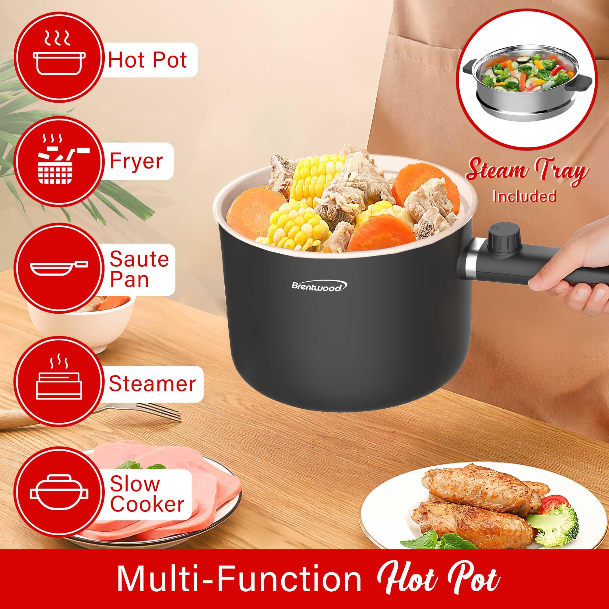 Brentwood HPS-3150BK 1.5L Multi-Function Electric Hot Pot Cooker with Steamer - Black