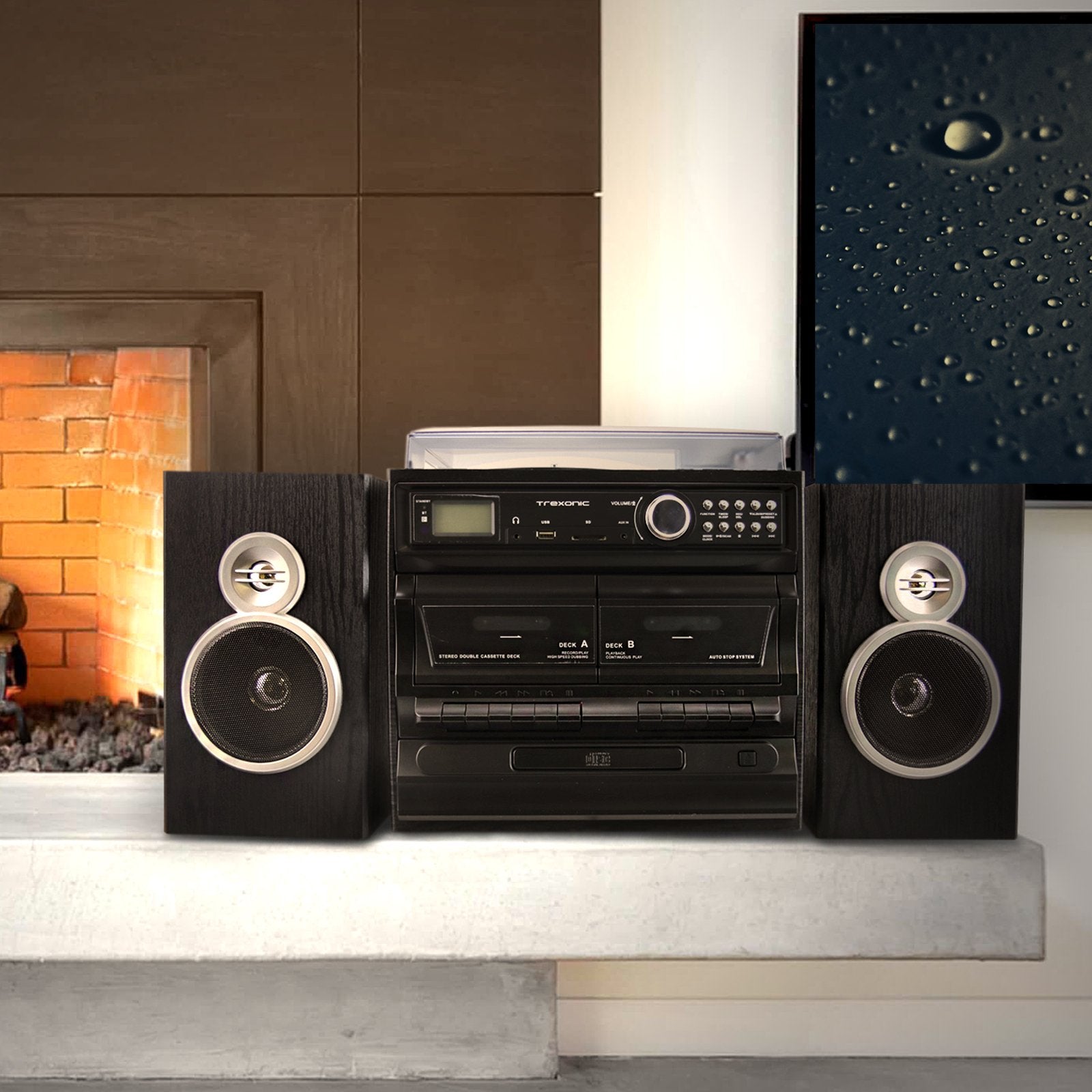Trexonic 3-Speed Turntable Music Center with CD, Dual Cassette, FM Radio, Bluetooth & USB/SD Recording, Wood Cabinet
