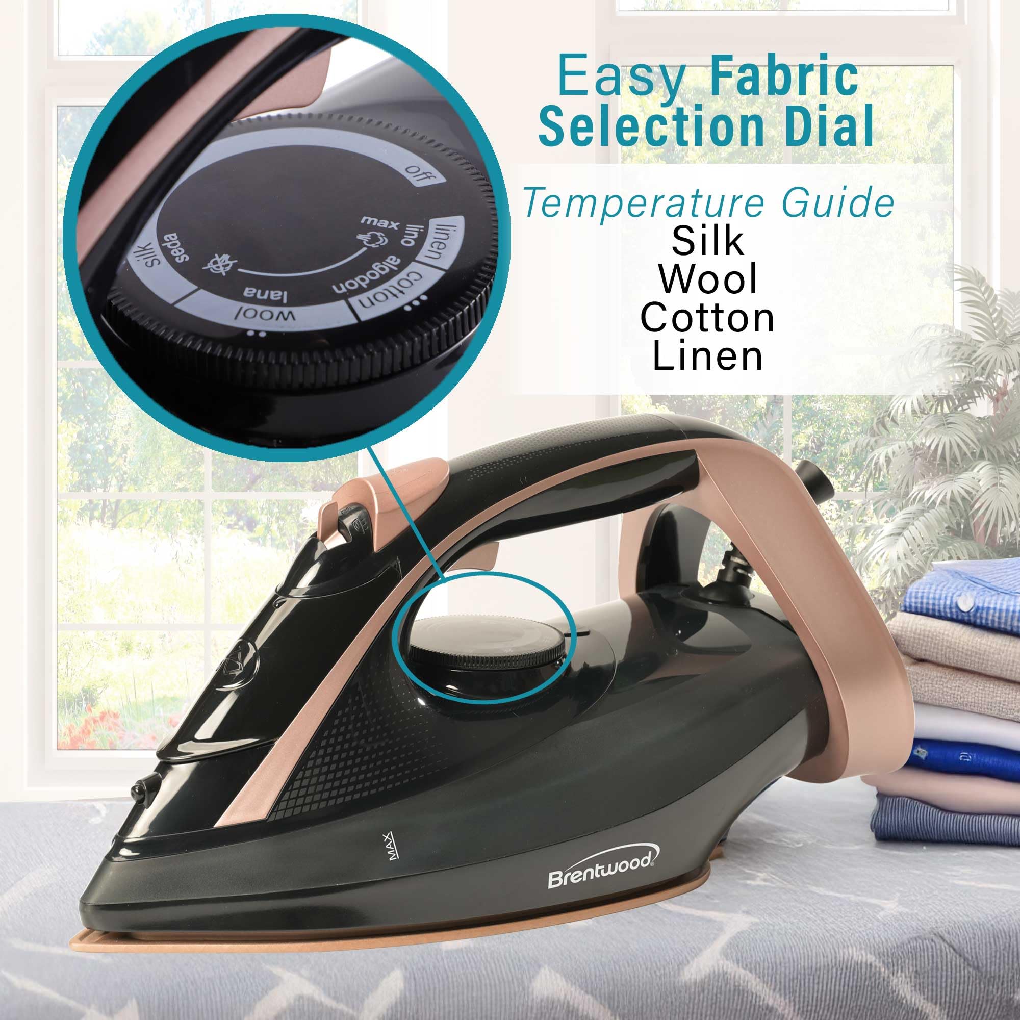 Brentwood MPI-69BKRG 1200W Ceramic Non-Stick Steam Iron with Vertical Steam & Self-Clean - Rose Gold