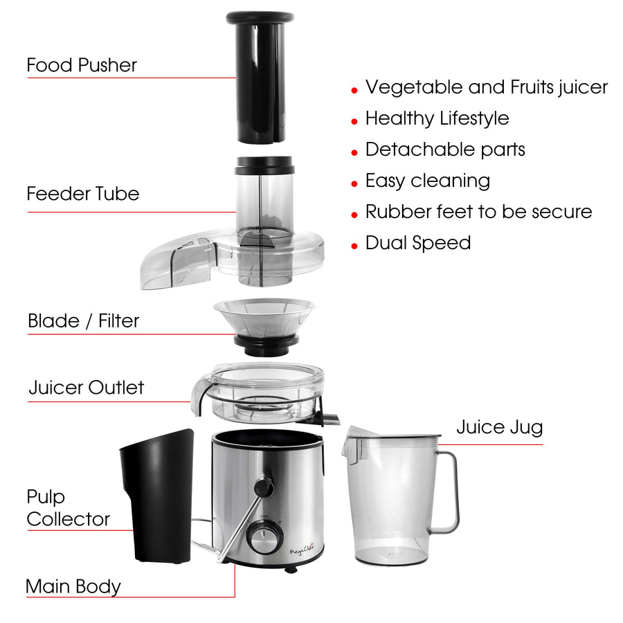 MegaChef Wide Mouth 800W Dual-Speed Centrifugal Juice Extractor, Stainless Steel, 3.5 Cup, Chrome Silver