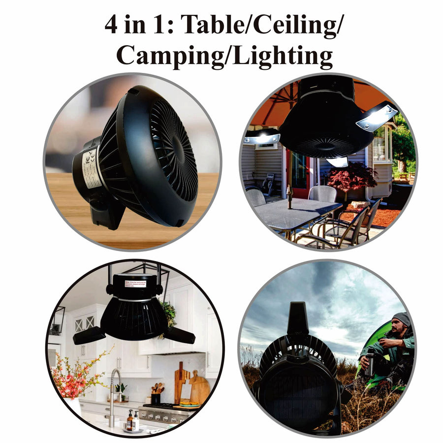 Optimus 4-in-1 Rechargeable Camping Fan with LED Light, Power Bank & Solar/USB Charging, Black