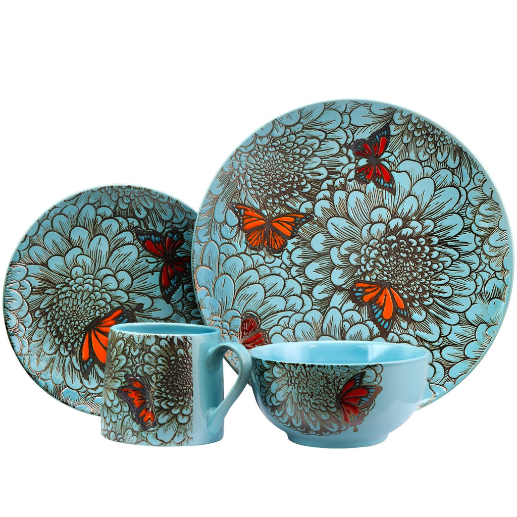 Elama Butterfly Garden 16-Piece Stoneware Dinnerware Set – Floral Service for 4 with Plates, Bowls & Mugs (Microwave & Dishwasher Safe)