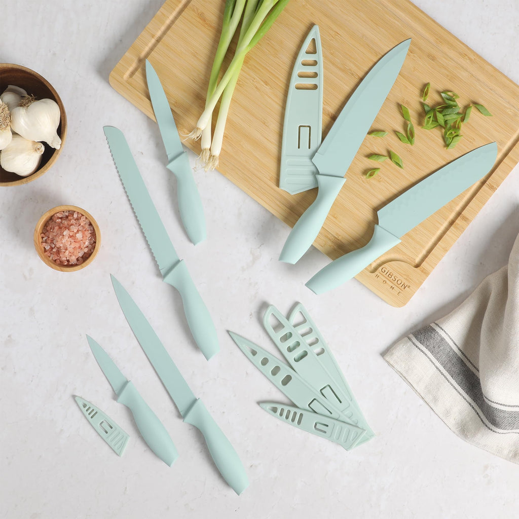 Gibson Home Bostonville 12-Piece Nonstick Stainless Steel Cutlery Set – Turquoise, 6 Knives with Matching Blade Guards