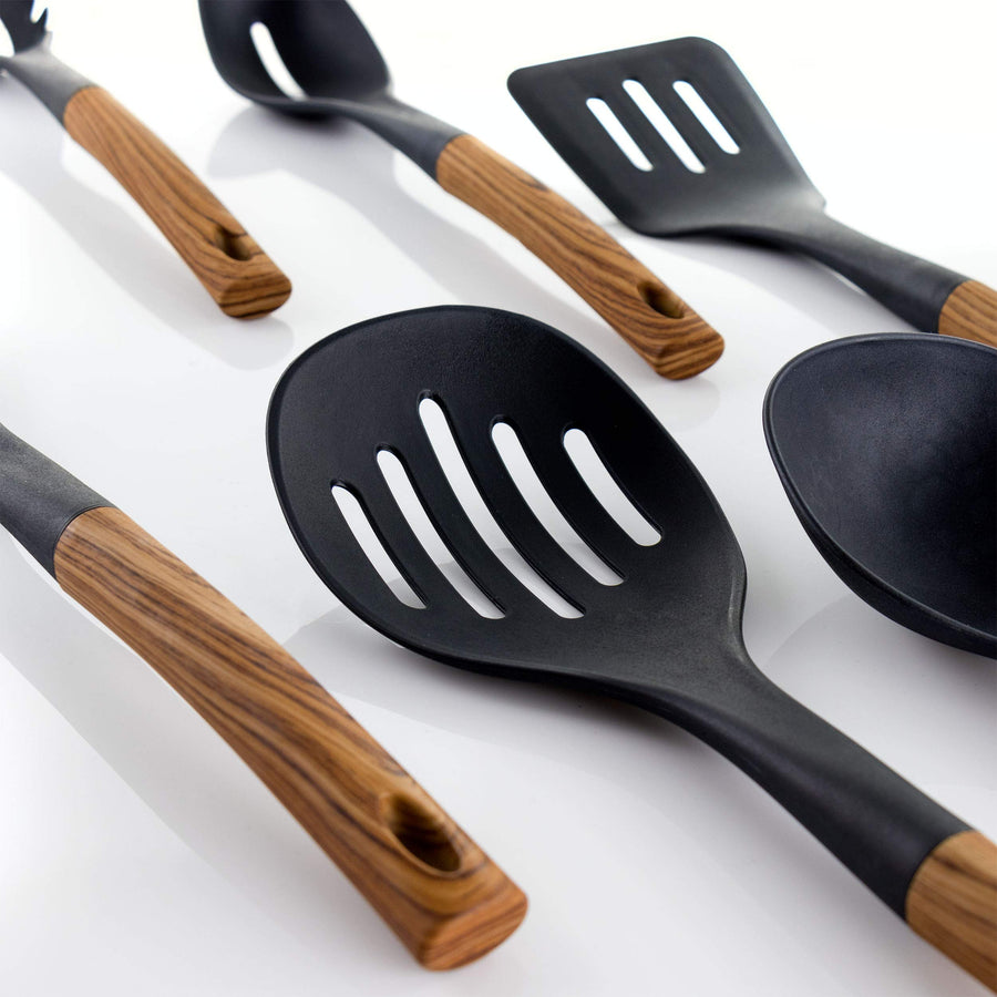 Nylon slotted skimmer and turner with wood-look handles