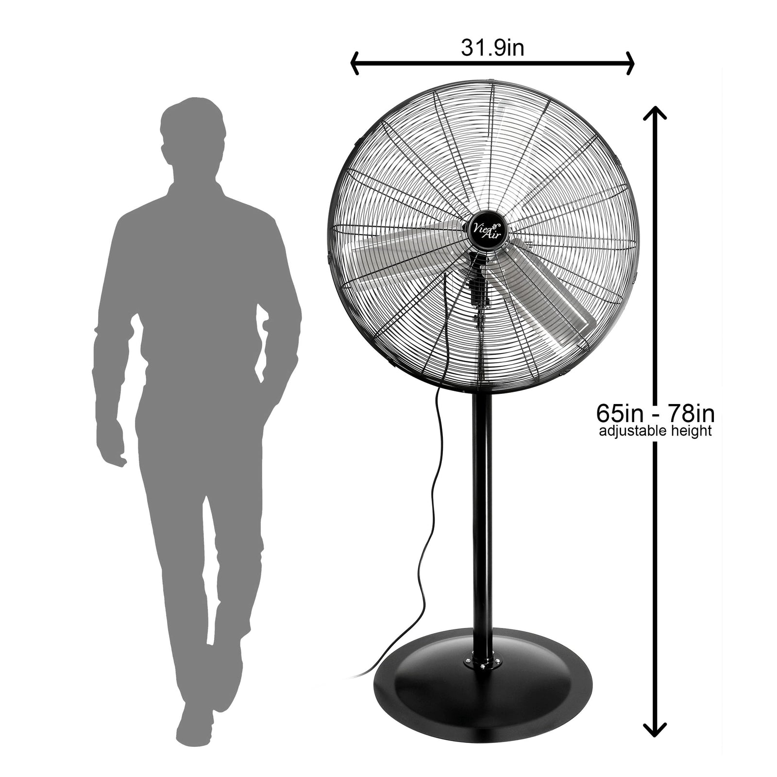 Vie Air 30 Inch Industrial Heavy Duty Oscillating Metal Pedestal Stand Fan, 3-Speed