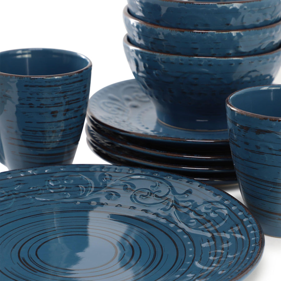 Elama Malibu Deep Ocean 16-Piece Stoneware Dinnerware Set, Reactive Glaze, Service for 4