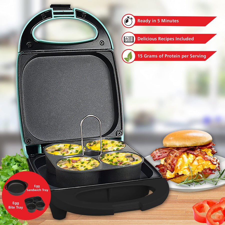 Open Brentwood egg bite maker with nonstick plates holding four egg bites next to a breakfast sandwich