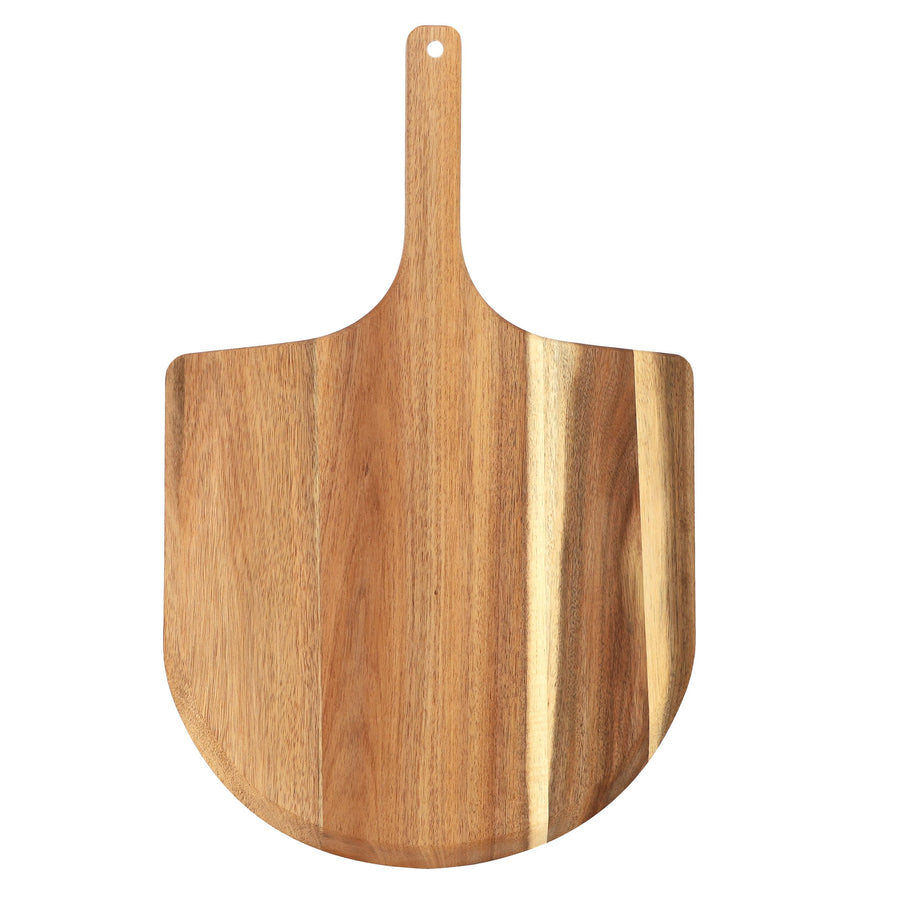 Top view of the acacia wood pizza peel and serving board