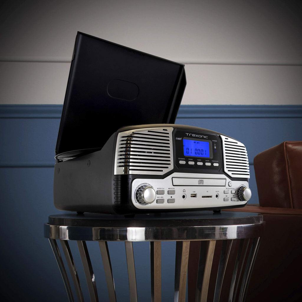 Trexonic TRX-16 Retro Bluetooth Turntable & CD Player – 3-Speed Vinyl, AM/FM Radio, USB Recording, Black