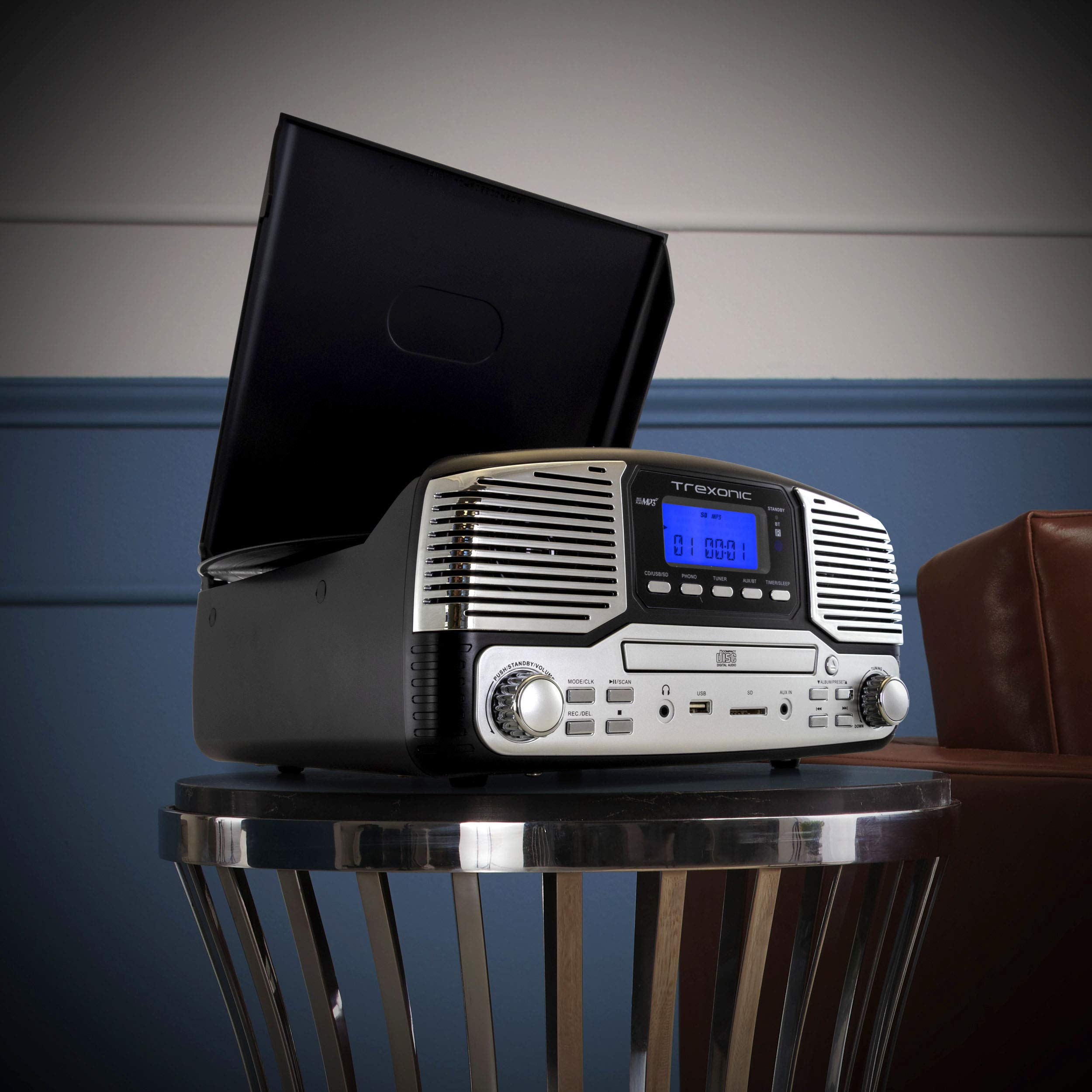 Trexonic TRX-16 Retro Bluetooth Turntable & CD Player – 3-Speed Vinyl, AM/FM Radio, USB Recording, Black