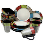 Elama Country Cottage 16-Piece Stoneware Dinnerware Set – Service for 4 with Colorful Trim Plates & Bowls, Microwave & Dishwasher Safe