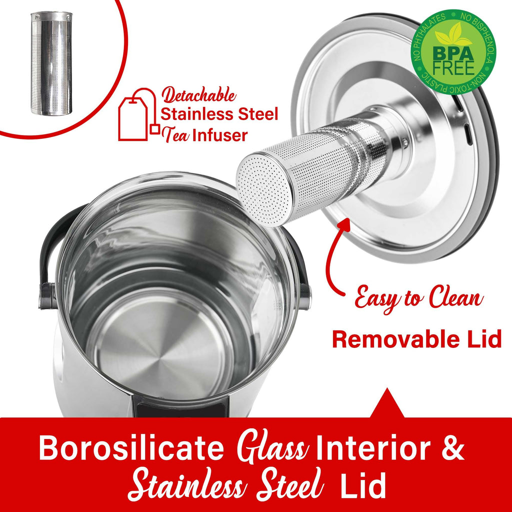 Brentwood KT-2230DBK 3L 1100W Digital Glass Instant Hot Water Dispenser with Tea Infuser - Black