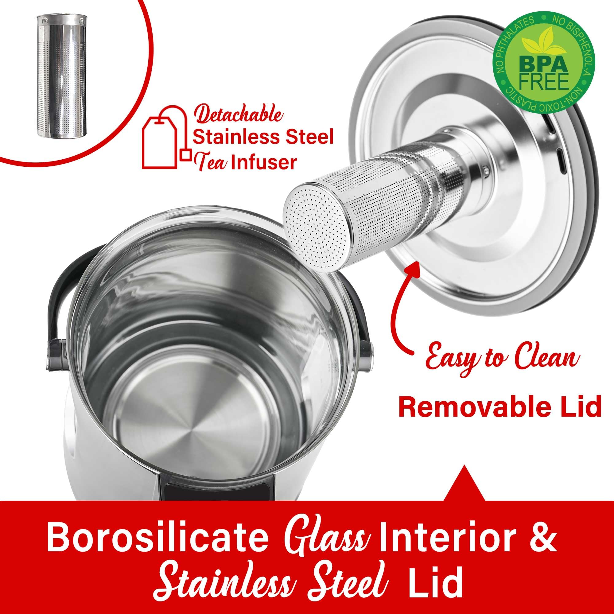 Brentwood KT-2230DBK 3L 1100W Digital Glass Instant Hot Water Dispenser with Tea Infuser - Black