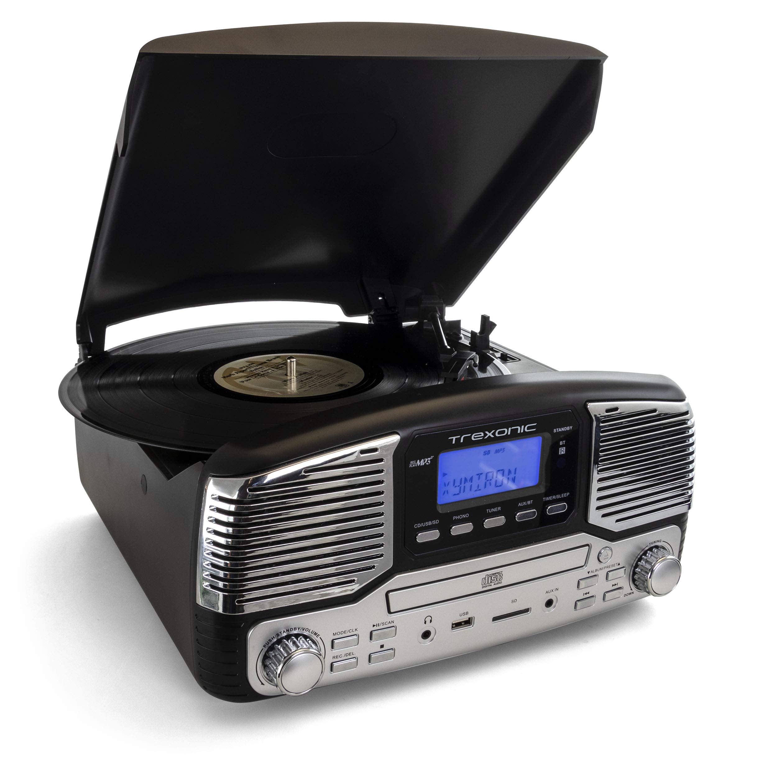 Trexonic TRX-16 Retro Bluetooth Turntable & CD Player – 3-Speed Vinyl, AM/FM Radio, USB Recording, Black