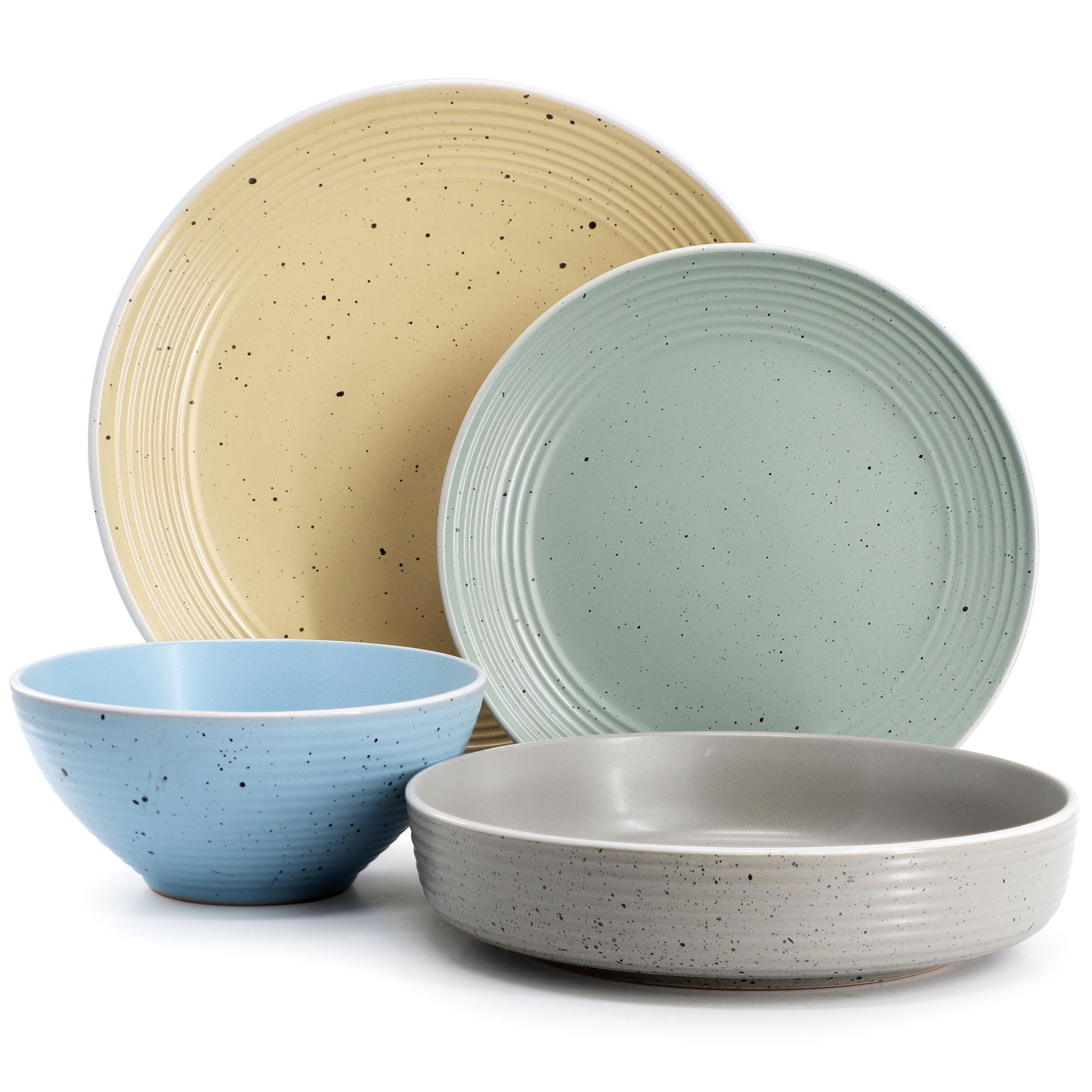 Elama Emilia 16-Piece Double-Bowl Stoneware Dinnerware Set – Speckled Multi-Color, Service for 4 with Pasta Bowls & Cereal Bowls